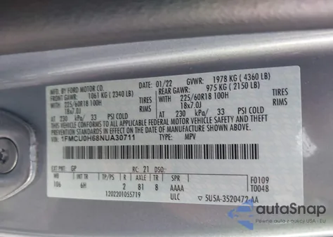 2022 Ford Escape Sel z USA, uszkodzony, nr VIN 1FMCU0H68NUA30711